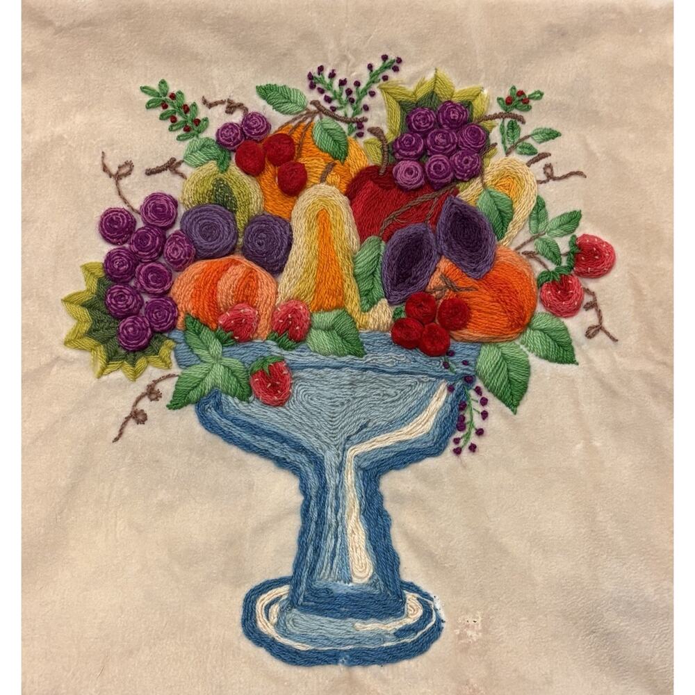 Vintage Paragon Needlecraft Crewel Fruit Bowl Pedestal Unframed 18x18*